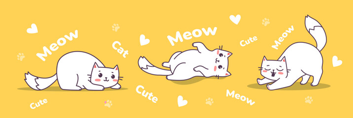 Vector set of illustration of happy cute cat character in different pose with word and heart on yellow color background. Flat line art style design of animal cat