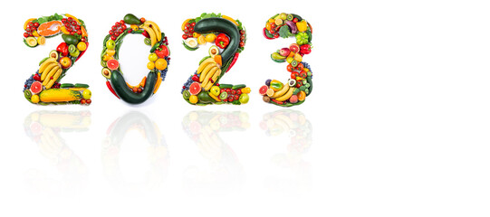 New year resolutions 2023 from healthy food. 2023 made of vegetables, fruits and fish on white background. New year 2023 food trends. 2023 resolutions, trends, healthy eating, sustainable, goals