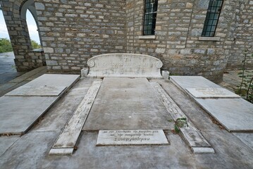 stone Christian church, marble tomb of heroes in a village of Mount Pelion, Milies village, Greece