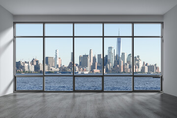 Downtown New York City Lower Manhattan Skyline Buildings. High Floor Window. Beautiful Expensive Real Estate. Empty room Interior Skyscrapers View Cityscape. Financial district. Day. 3d rendering.