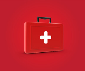 3D rendering First aid kit isolated on red Background, medical paramedic survival first aid kit bag, CPR First Aid Training Concept, 