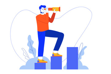 Businessman searching for opportunities web concept. Development strategy, new business, career growth. Illustration in minimal flat design for blog, app design, onboarding screen, social media