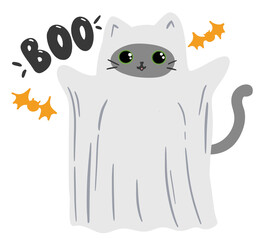 cartoon cat dressed up as a ghost for Halloween celebration, isolated sticker