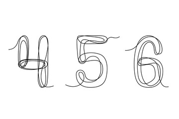 4 5 6 Arabic numerals. Set of decorative numbers drawn with one continuous line. Vector illustration isolated on white background.