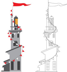 Lighthouse tower with festive flags on a white background. Set for coloring and learning for children. Vector illustration