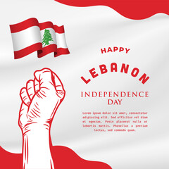 Square Banner illustration of Lebanon independence day celebration with text space. Waving flag and hands clenched. Vector illustration.