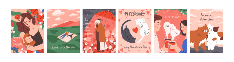 Love card designs set for Saint Valentine Day. Cute romantic vertical postcards templates with people and cats couples for 14 February holiday greeting. Modern colored flat vector illustrations