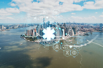 Aerial panoramic helicopter city view on Lower Manhattan district and financial Downtown, New York, USA. Health care digital medicine hologram. The concept of treatment and disease prevention