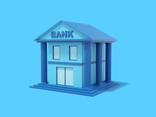 Blue bank building with columns, on a blue background. Isometric view. 3d rendering.