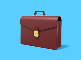 Brown briefcase on blue background. Portfolio icon. 3D rendering.