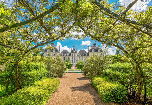 Garden view on Cheverny castle in Loire valley, France