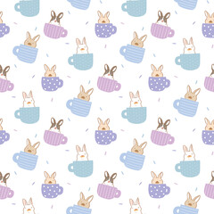 Seamless Pattern with Cartoon Rabbit in Coffee Cup Design on White Background