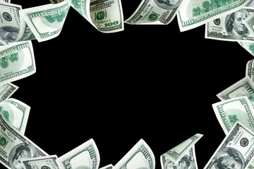 Money stack. Hundred dollars of America. Falling money isolated, us bill black background.