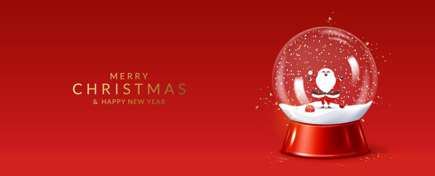 Christmas and New Year greeting card with transparent snow globe with Santa Claus.