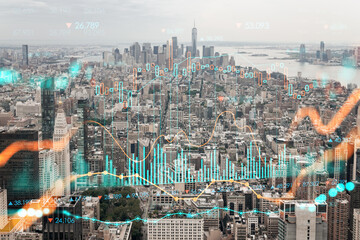 Fototapeta na wymiar Aerial panoramic city view of Lower Manhattan, Midtown, Downtown, Financial district, West Side, day time, NYC, USA. Forex graph hologram. Concept of internet trading, brokerage, fundamental analysis