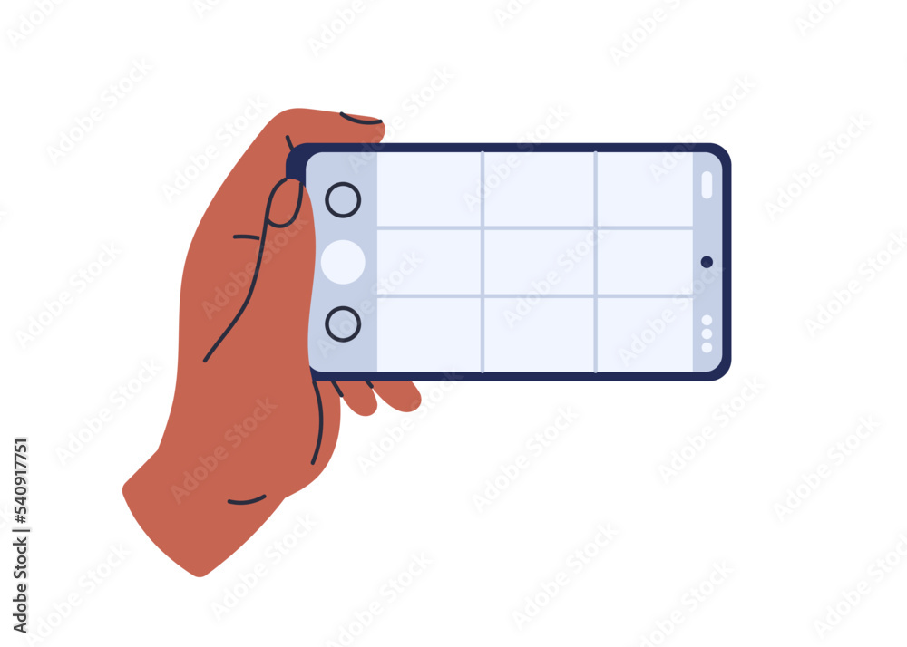 Poster hand holding phone, taking mobile photo. making photograph with grid on smartphone screen. using cam