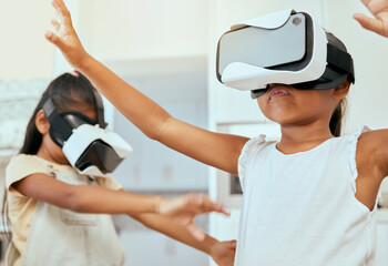 Metaverse, vr headset or gaming children in house or home cyber world software, ai media or...