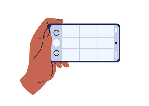 Hand holding phone, taking mobile photo. Making photograph with grid on smartphone screen. Using camera for shooting, recording video. Flat graphic vector illustration isolated on white background