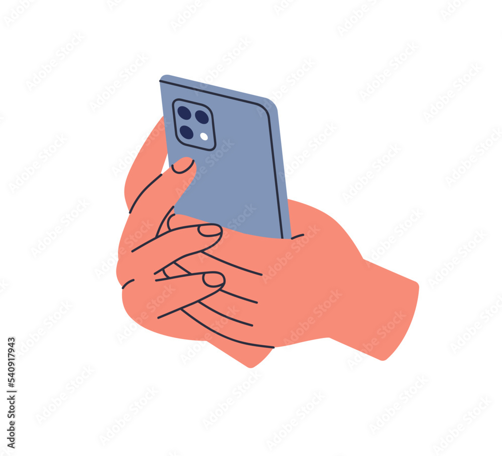 Poster hands holding mobile phone. back side, panel of smartphone with cameras for taking photo. using cell