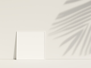 Clean and minimalist front view square white photo or poster frame mockup leaning against the wall with leaf shadow. 3d rendering.