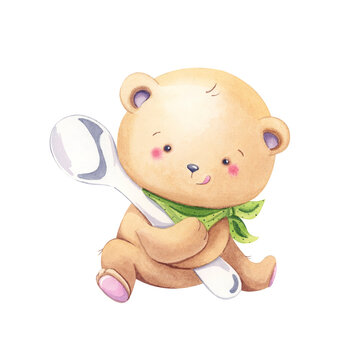 Cute watercolor teddy bear with a spoon.