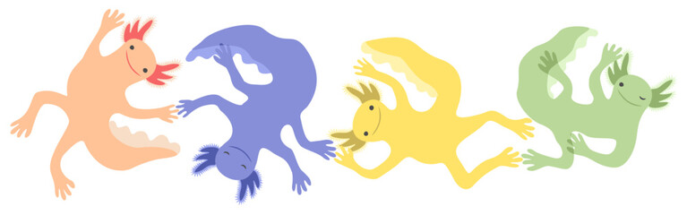 Vector isolated illustration of four colorful axolotls. Playful cute amphibians swimming together.