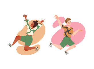 Happy Man and Woman Character Jumping with Joy Feeling Excitement Vector Set