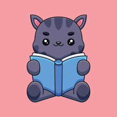 cute cat reading book cartoon mascot doodle art hand drawn concept vector kawaii icon illustration