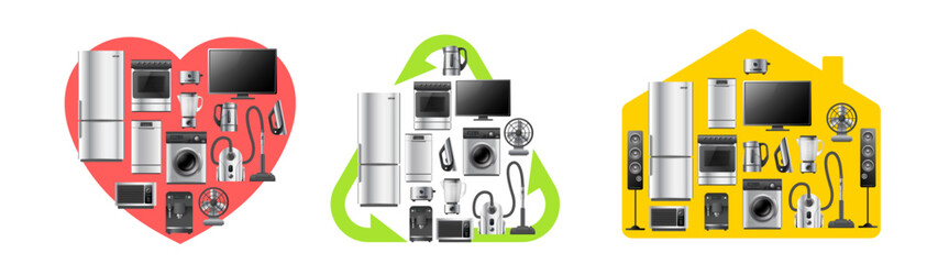 Vector set of illustration of different shape with realistic silver color different appliance on white background. 3d style shine appliance collection design