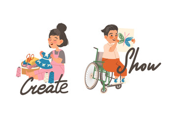 Little Boy and Girl Creating and Showing Picture as Verb Expressing Action for Kids Education Vector Set