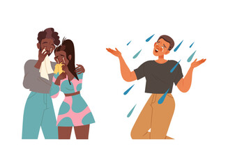 Man and Woman Character Crying, Weeping and Sobbing from Sorrow and Grief Feeling Sad and Upset Vector Set