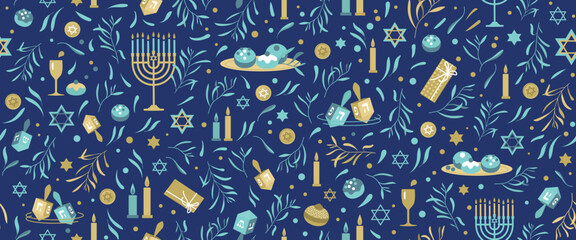 Happy Hanukkah Seamless Pattern with traditional holiday symbols. Jewish holiday Hanukkah vector background. - obrazy, fototapety, plakaty