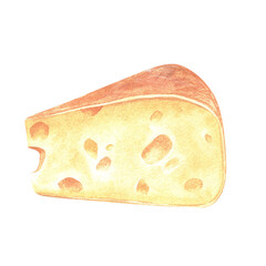 A piece of cheese with holes. Watercolor illustration. Isolated on a white background.