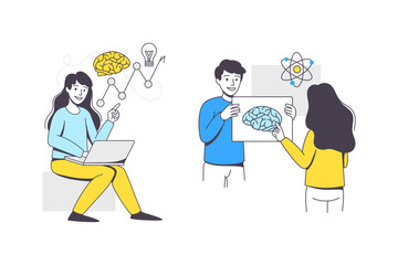 Business Project with Man and Woman Character with Laptop and Brain Working with Startup Outline Vector Set