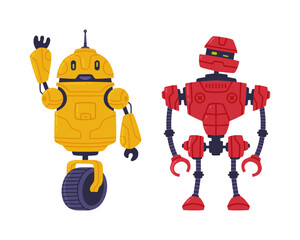 Metal Robot Machine with Limbs for Labor Automation Vector Set