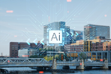 Fototapeta na wymiar Panorama city view of Boston Harbor at day time, Massachusetts. Financial downtown. Hologram of Artificial Intelligence concept. AI and business, machine learning, neural network, robotics