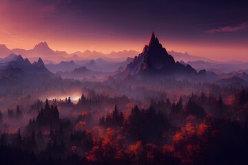 Fototapeta na wymiar A foggy, mysterious, fantasy landscape with mountains and forests. 
