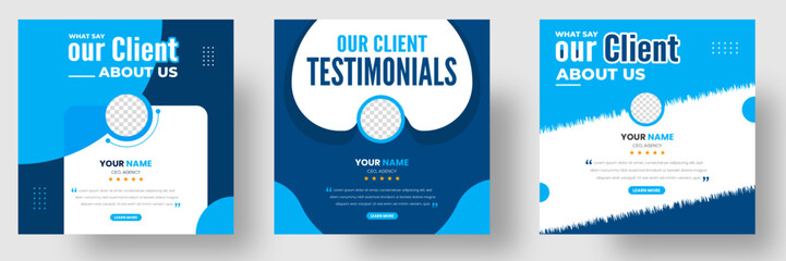 Customer feedback testimonial social media post web banner template. client testimonials social media post banner design template with blue color