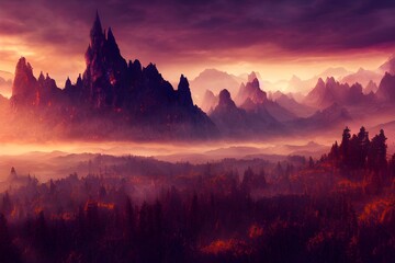 A foggy, mysterious, fantasy landscape with mountains and forests. 