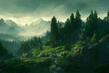 Fototapeta na wymiar A foggy, mysterious, fantasy landscape with mountains and forests. 