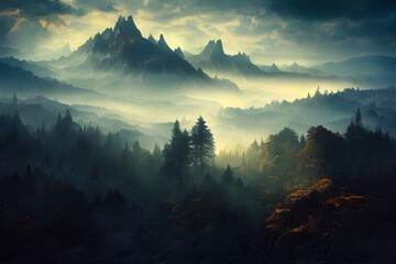 A foggy, mysterious, fantasy landscape with mountains and forests. 