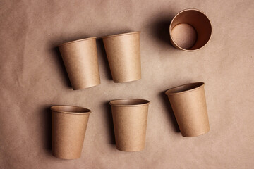 Disposable empty paper coffee cups. Recycling, eco-friendly  tableware.