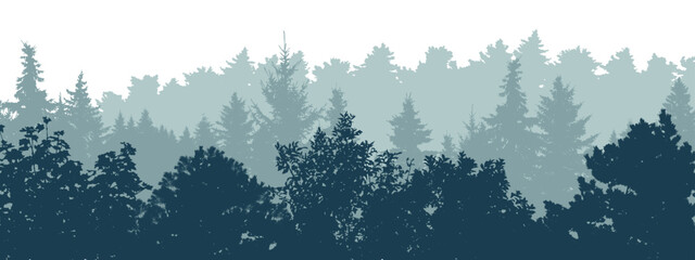 Forest, silhouette of deciduous and coniferous trees. Vector illustration