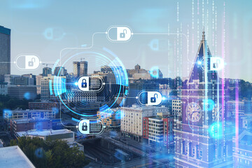 Seattle aerial skyline panorama of downtown at day time, Washington USA. Decentralized economy. Blockchain, cryptography and cryptocurrency concept, hologram