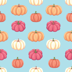 Seamless repeated surface vector pattern design with colorful vertically ordered pumpkins on a blue background