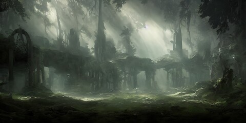 Abandoned ruins of an old civilization overgrown with forests