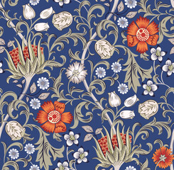 Floral seamless pattern with field of flowers on blue background. Vector illustration. - 540921377