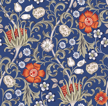 Floral seamless pattern with field of flowers on blue background. Vector illustration.