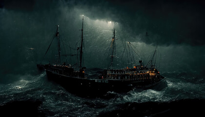 AI generated image of an ocean sailing ship in distress, struggling to stay afloat, in a heavy storm with big waves 