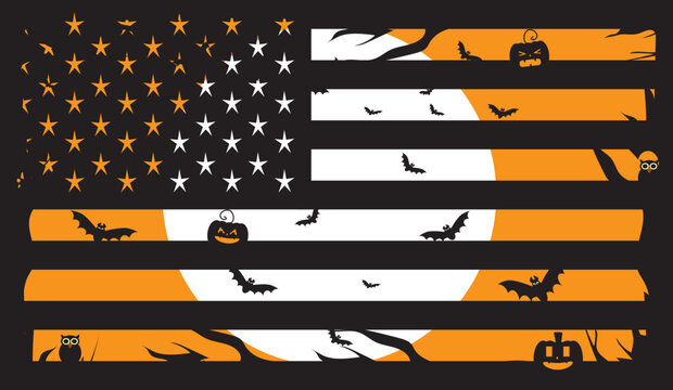 American flag Halloween with owls, pumpkins and bats, orange art background USA vector. 